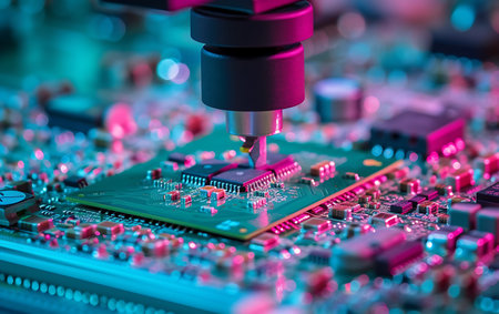 Close-up of printed circuit board with microchips. Technology backgroundの素材