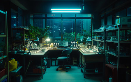 The interior of a modern office at night with a lot of equipment.の素材