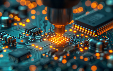 Close-up of electronic circuit board with soldering iron. Technology backgroundの素材