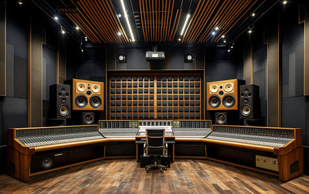 Empty Sound recording studio with colorful lights and equipment.の素材