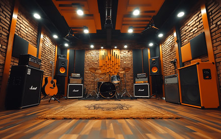 Empty Sound recording studio with colorful lights and equipment.の素材