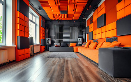 Empty Sound recording studio with colorful lights and equipment.の素材