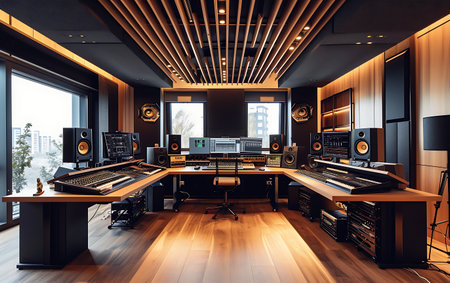 Empty Sound recording studio with colorful lights and equipment.の素材