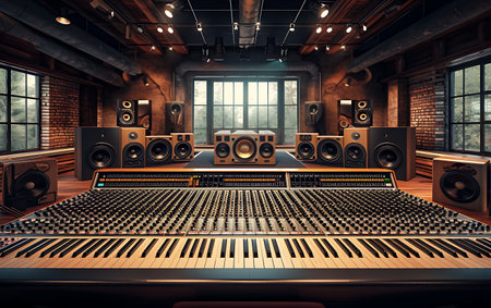 Empty Sound recording studio with colorful lights and equipment.の素材