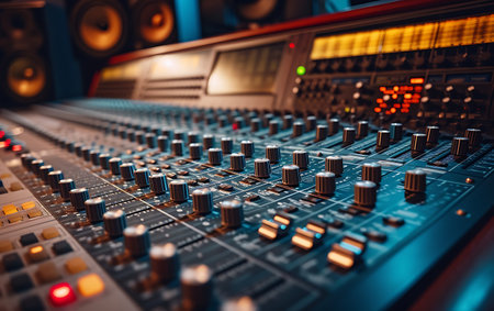 Empty Sound recording studio with colorful lights and equipment.の素材