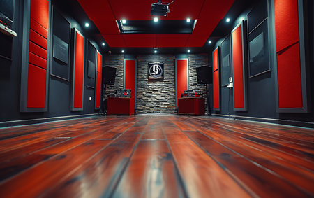 Empty Sound recording studio with colorful lights and equipment.の素材