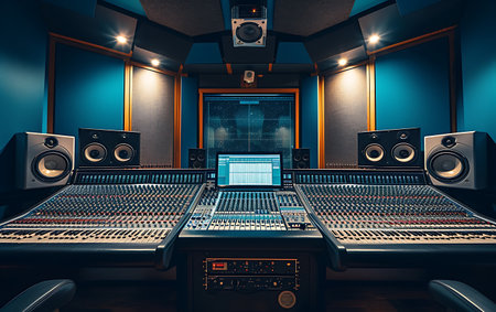 Empty Sound recording studio with colorful lights and equipment.の素材