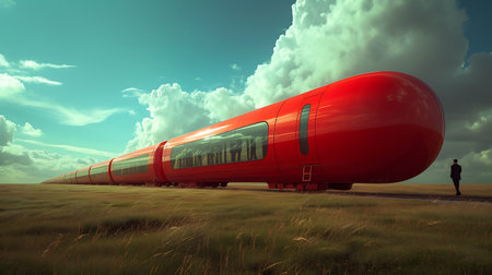 Red train in the sky with clouds. 3d render illustration.の素材