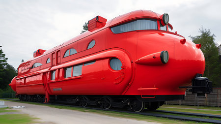 Big red locomotive on the road. Russia, Kaliningrad regionの素材