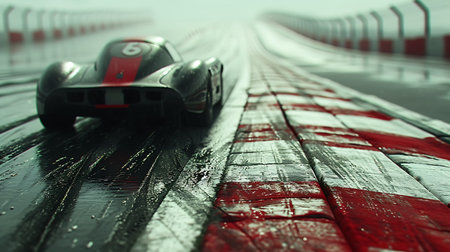 3D illustration of a race car in a foggy road.の素材