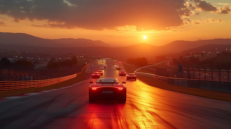 Car driving on the highway at sunset. Car traveling on highway.の素材