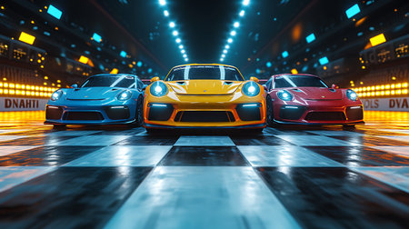 3D rendering of a sports car racing in a night club.の素材