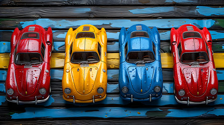 Group of toy cars on a wooden background. 3d illustration.の素材