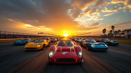 Cars racing on the track at sunset, 3D rendering.の素材