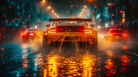 Heavy rain in the city at night. The car is driving through the heavy rain.の素材