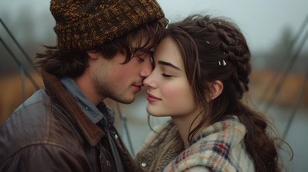 Young romantic couple in love on the pier. Close-up.の素材