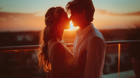 Romantic young couple embracing and looking at each other while standing on balcony at sunsetの素材