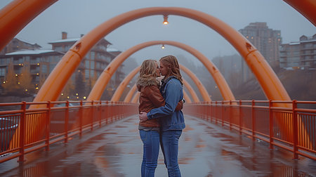 Couple in love hugging on a bridge over the river in the eveningの素材