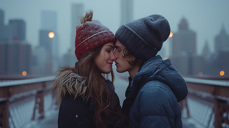 Couple in love kissing on the bridge in the city. Man and woman in winter clothes.の素材