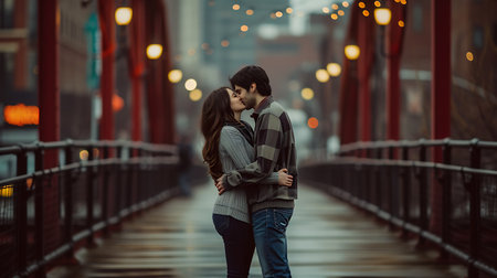 Beautiful young couple hugging and kissing on the bridge in the cityの素材
