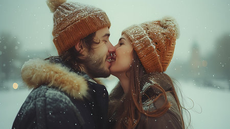 Couple in love kissing on the background of a winter landscape.の素材