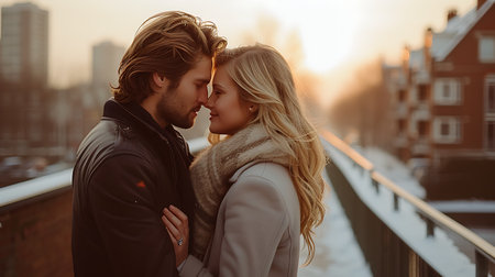 Beautiful young couple embracing and kissing on the roof at sunset.の素材