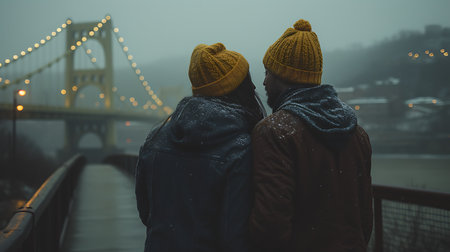 Couple of lovers in winter clothes looking at Bosphorus Bridge in Istanbul, Turkeyの素材