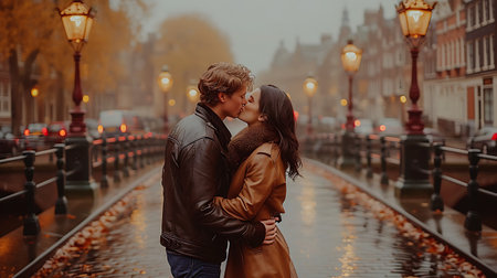 Romantic couple kissing on a rainy day in Amsterdam, Netherlands.の素材
