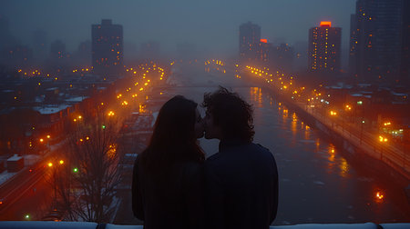 Couple kissing on the bridge in the misty city at nightの素材