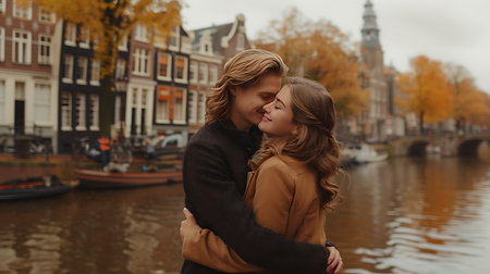 Beautiful young couple in love kissing on the canals of Amsterdamの素材