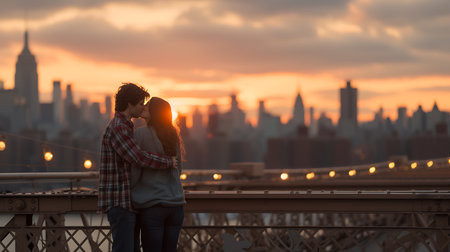 Young couple kissing on Brooklyn Bridge at sunset, New York City, USAの素材
