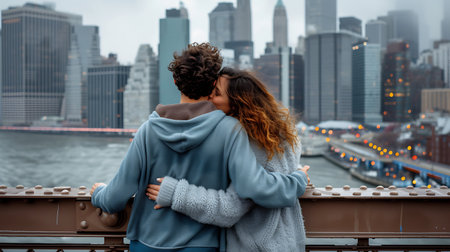Young couple in love on the Brooklyn Bridge in New York City.の素材