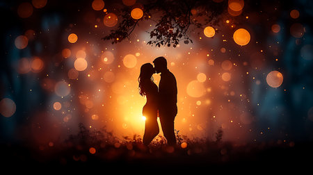 Silhouette of kissing couple against bokeh lights background.の素材