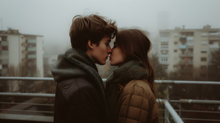 Young couple in love kissing on the balcony in the foggy morningの素材