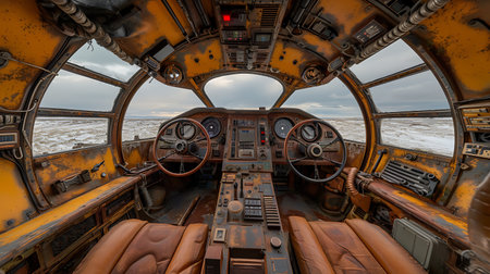 Inside view of the cockpit of an old helicopter with a portholeの素材