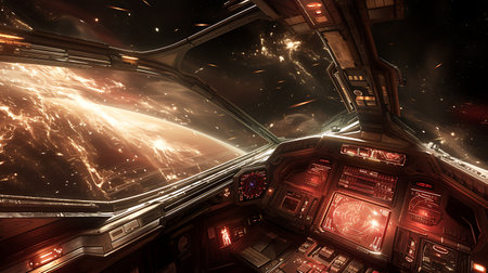 Spaceship interior with view on the planet Earth. 3D renderingの素材