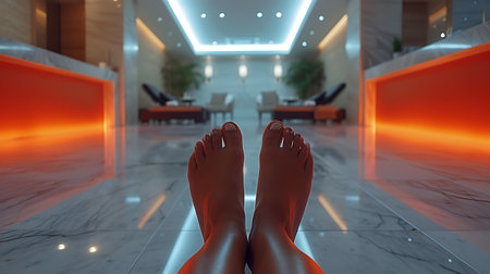Close up of female legs on carpet in bedroom at home. Woman sitting on bed and relaxing.の素材