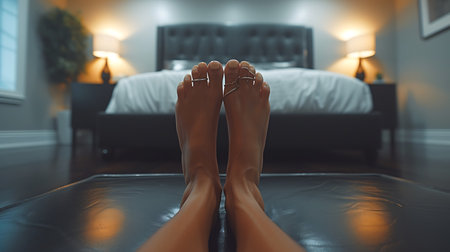 Close up of female legs on carpet in bedroom at home. Woman sitting on bed and relaxing.の素材