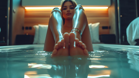 Close up of woman legs sitting on carpet in living room at homeの素材