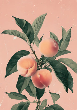 Apricot tree branch with ripe fruits. Vintage vector illustration.の素材