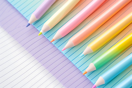 Colored pencils and notebook on a white background. Close-up.の素材