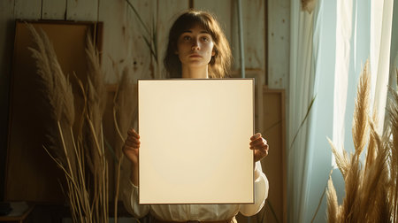 Young woman holding a blank canvas in her hands and looking at the cameraの素材