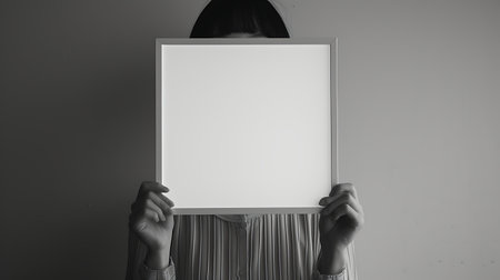 Woman hiding behind a white picture frame. Black and white photos.の素材