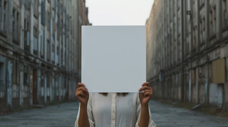 Woman holding a blank sheet of paper in front of her face in the cityの素材