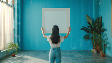 Young woman holding a blank white poster in her hand. Mock up, 3D renderingの素材