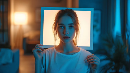 portrait of young woman looking at camera while standing in living room at nightの素材