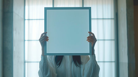 Young woman hiding her face behind a blank picture frame in the roomの素材