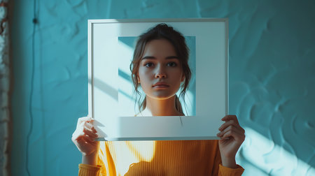 Portrait of a beautiful young woman in a yellow sweater holding a white photo frame.の素材