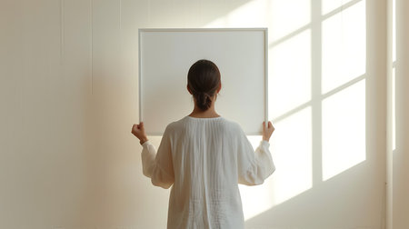 Woman in white dress looking at empty picture frame on the wall.の素材