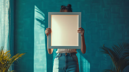 Young woman holding a blank white frame in her hands. Mock upの素材